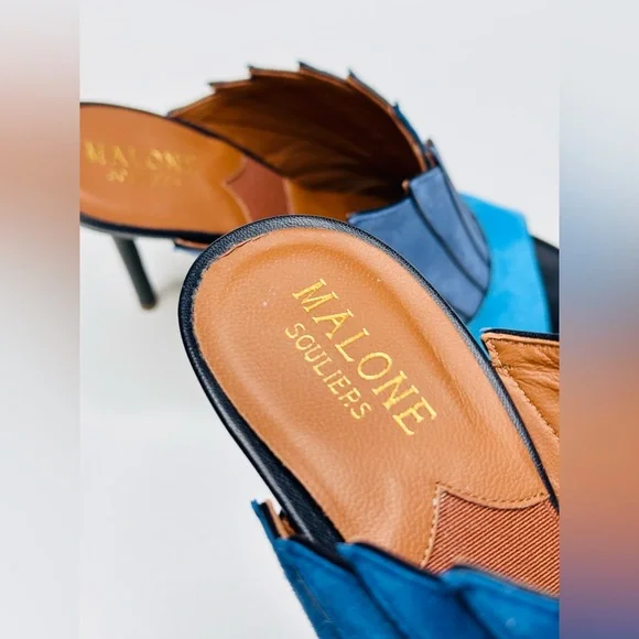 Malone Souliers Donna Fanned Blue Suede Colorblock Mules Heels Shoes Sandals - Picture 8 of 15